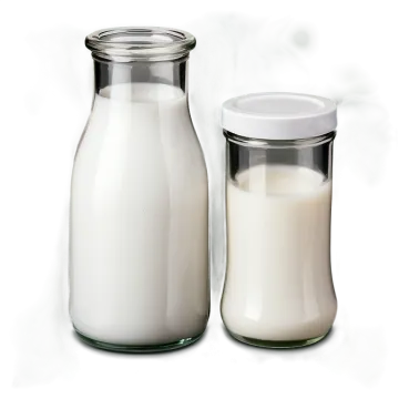 a bottle of milk next to a glass jar