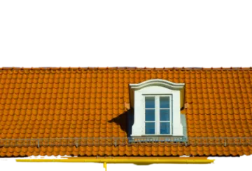 an orange tiled roof with a white window