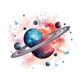 a watercolor painting of saturn and its satellites