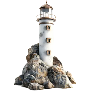a white and brown lighthouse on some rocks