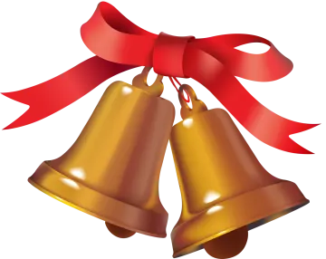 a pair of bells with a red ribbon