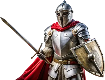 a man in armor holding a sword and shield