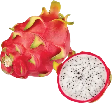 a dragon fruit cut in half on a white background
