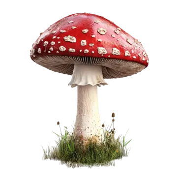a red mushroom sitting on top of grass