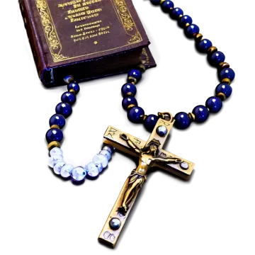 a rosary and a bible on a white background