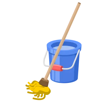 a blue bucket and a broom with a wooden handle