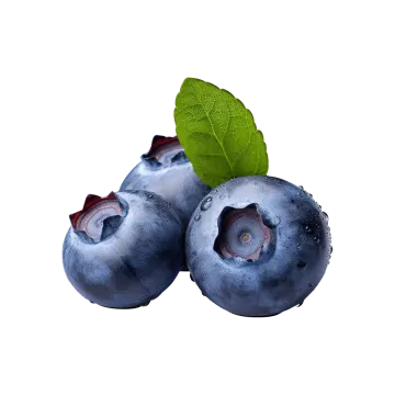 two blueberries with a leaf on top