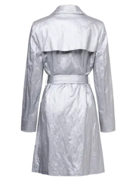 a silver trench coat with a belt