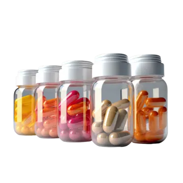 a row of prescription bottles filled with pills