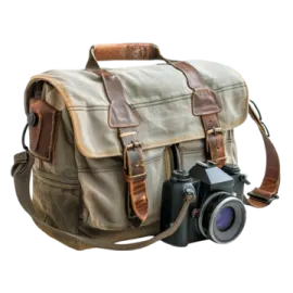 a camera and a bag on a white background