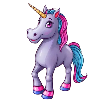 a cartoon unicorn with pink hair and blue eyes