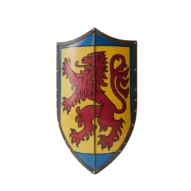 a red and yellow shield with a lion on it
