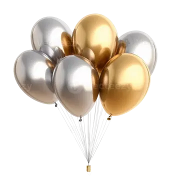 a bunch of gold and silver balloons