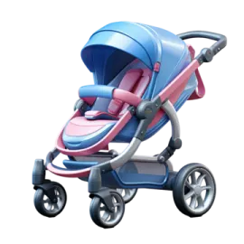 a blue and pink stroller with wheels