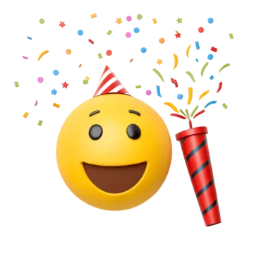 a smiley face with a party hat and streamers