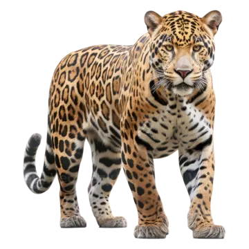 a large leopard standing in front of a white background