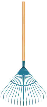 a blue rake with wooden handle