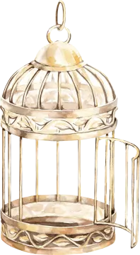 a watercolor painting of a bird in a cage