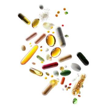 a bunch of pills falling into the air