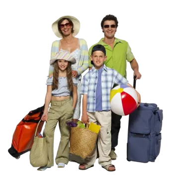 a family posing for the camera with their luggage