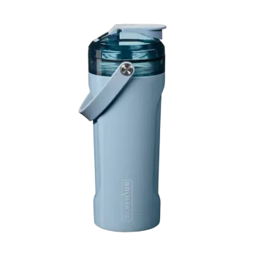 a blue shaker bottle with the lid open