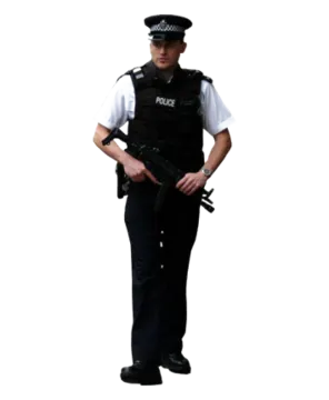 a man in a police uniform standing with his hands on his hips