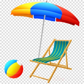 a beach chair with an umbrella and a ball
