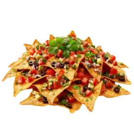 a pile of torta chips with black beans and tomatoes