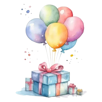 a watercolor painting of a gift box with balloons