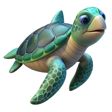 a green turtle with blue eyes and a white background