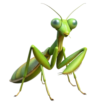 a green praying mantis on white background