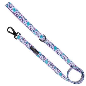 a purple and blue dog leash with flowers on it