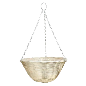 a white wicker hanging basket