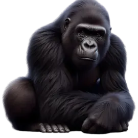 a gorilla sitting down and looking at the camera