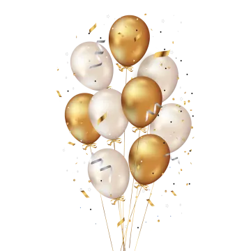 a bunch of gold and white balloons