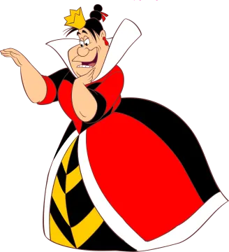 a cartoon character in a red and black dress with a crown on her head