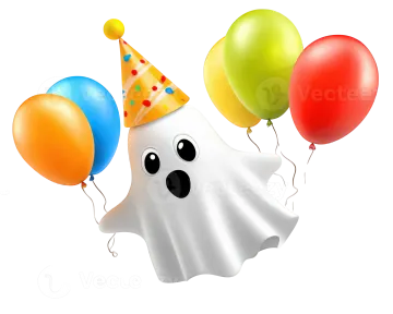 a ghost with balloons and a party hat