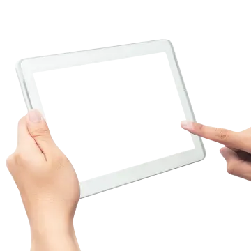 two hands holding a tablet with a white screen