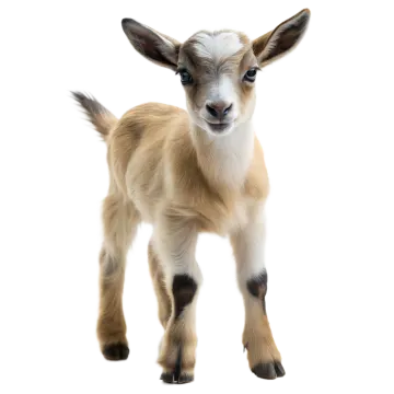 a small goat standing on top of a white surface