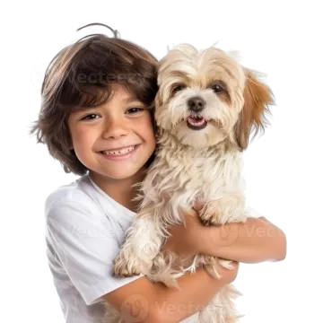 a young boy holding his dog in his arms