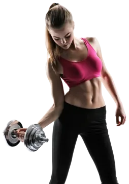 a woman in pink top and black leggings holding a dumb
