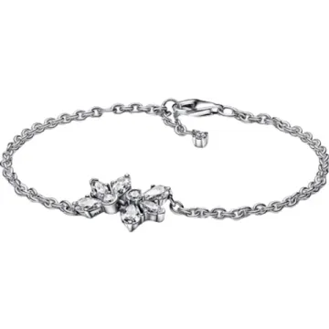a silver bracelet with flowers and leaves