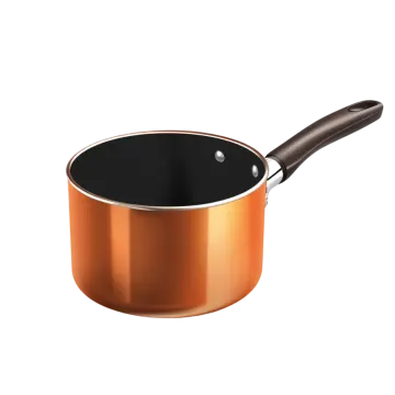 a copper colored pan with a wooden handle