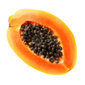 A half of a papa with seeds on it