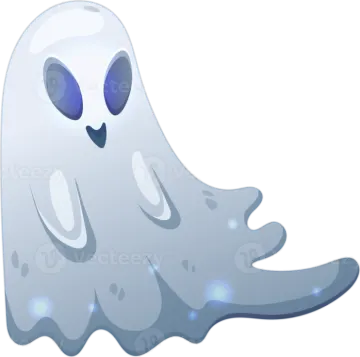 a white ghost with blue eyes and a black nose, standing in front of a white background