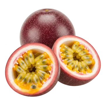 a passion fruit cut in half on a white background