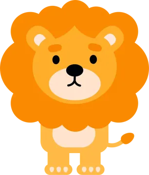 a cartoon lion with an orange mane and black eyes