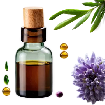 a bottle of essential oil next to a purple flower