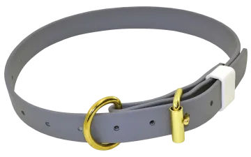a grey leather dog collar with gold hardware