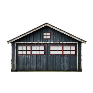 an old shed with red trim and windows